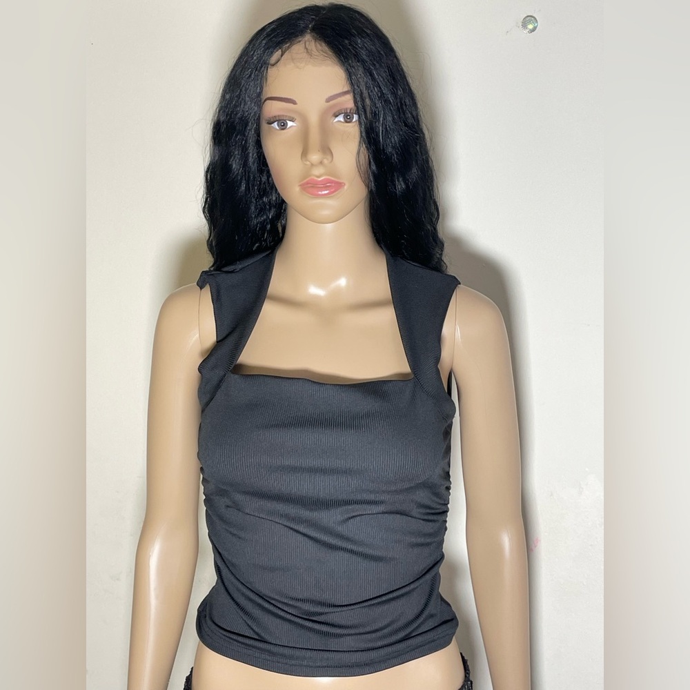 Sz M women’s SHEIN padded short sleeve top black runched side cropped New